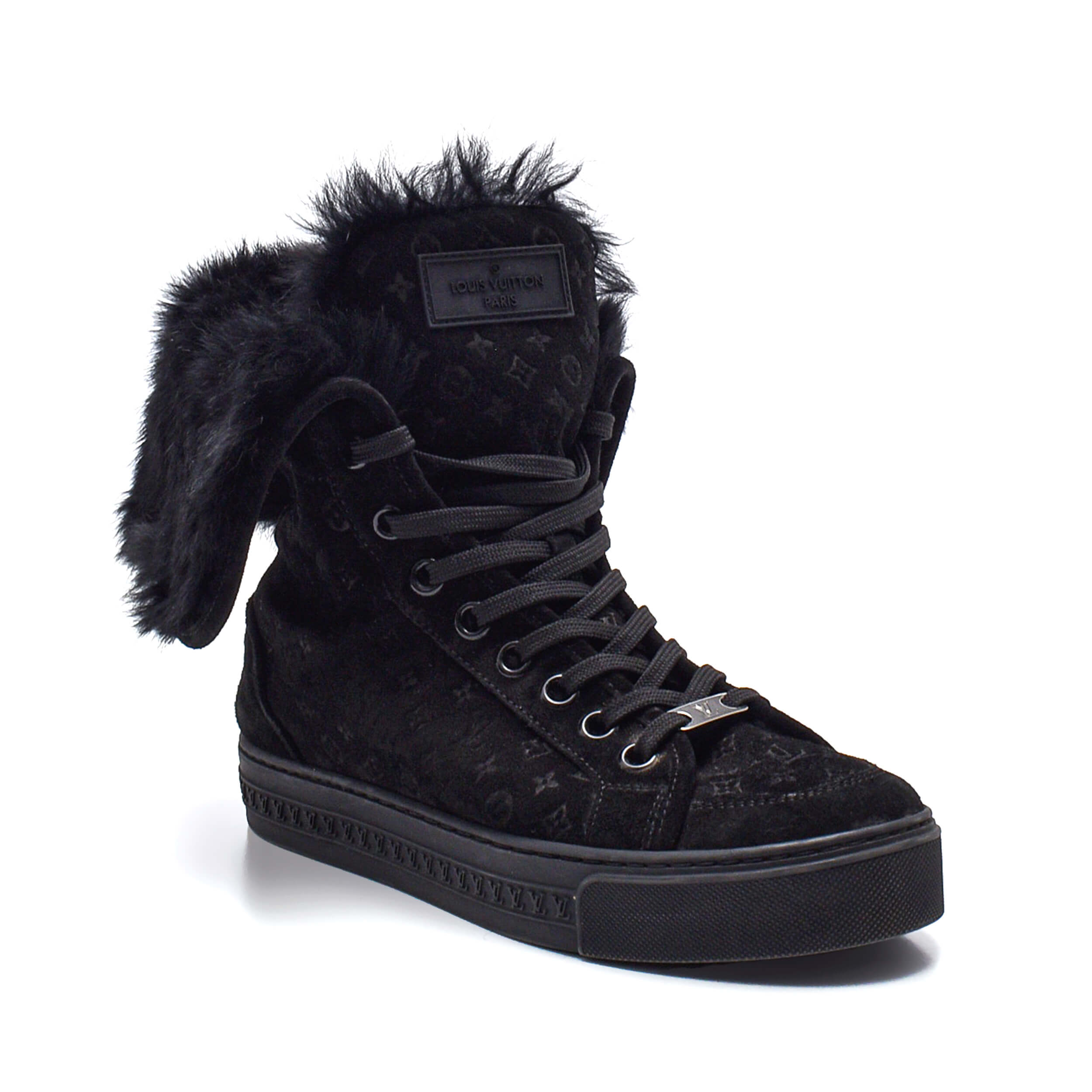 Louis Vuitton - Black Lv Monogram & Fur Detail Long Sneakers